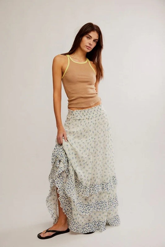 BRYNN PRINTED MAXI SKIRT IN IVORY COMBO DITSY FRONT VIEW