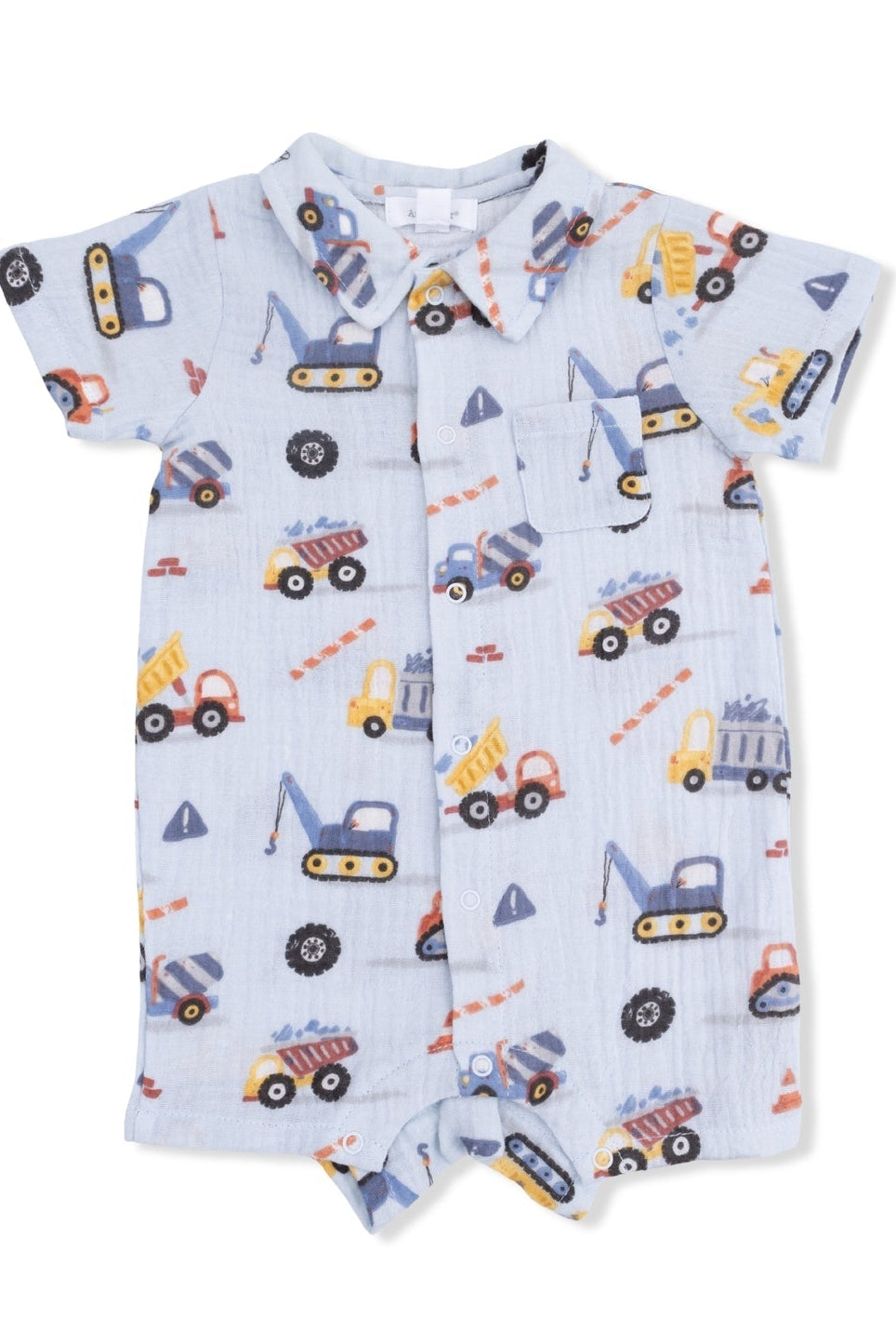 Light blue button-front polo romper with allover vehicle print, short sleeves