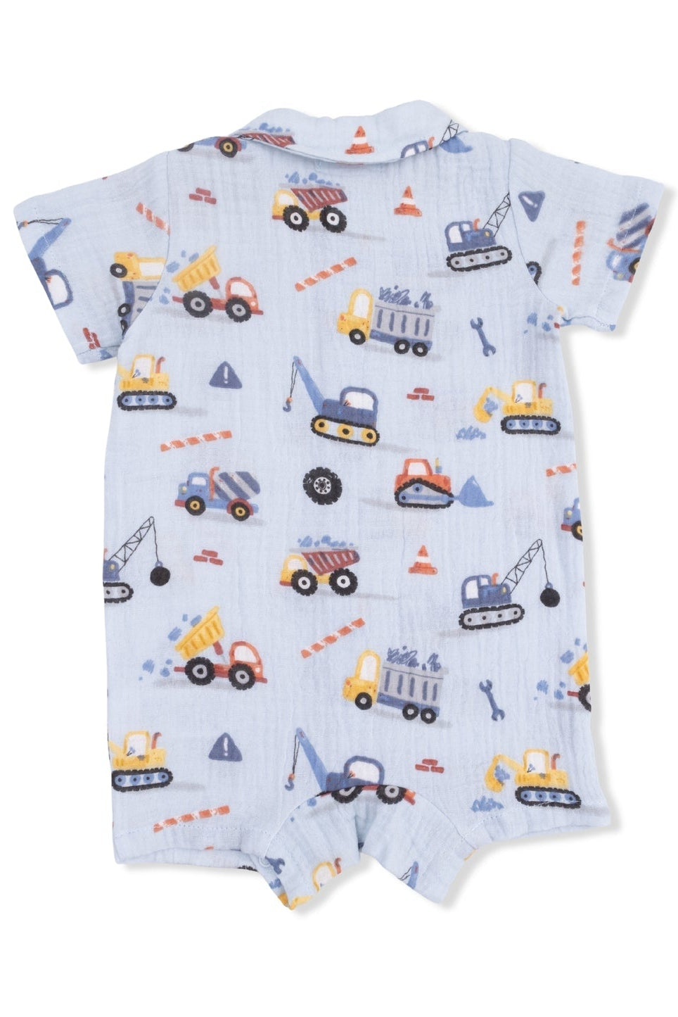 Light blue button-front polo romper with vehicle print, short sleeves and shorts