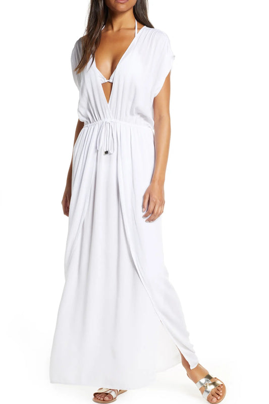 V-NECK WRAP FRONT MAXI IN WHITE FRONT VIEW