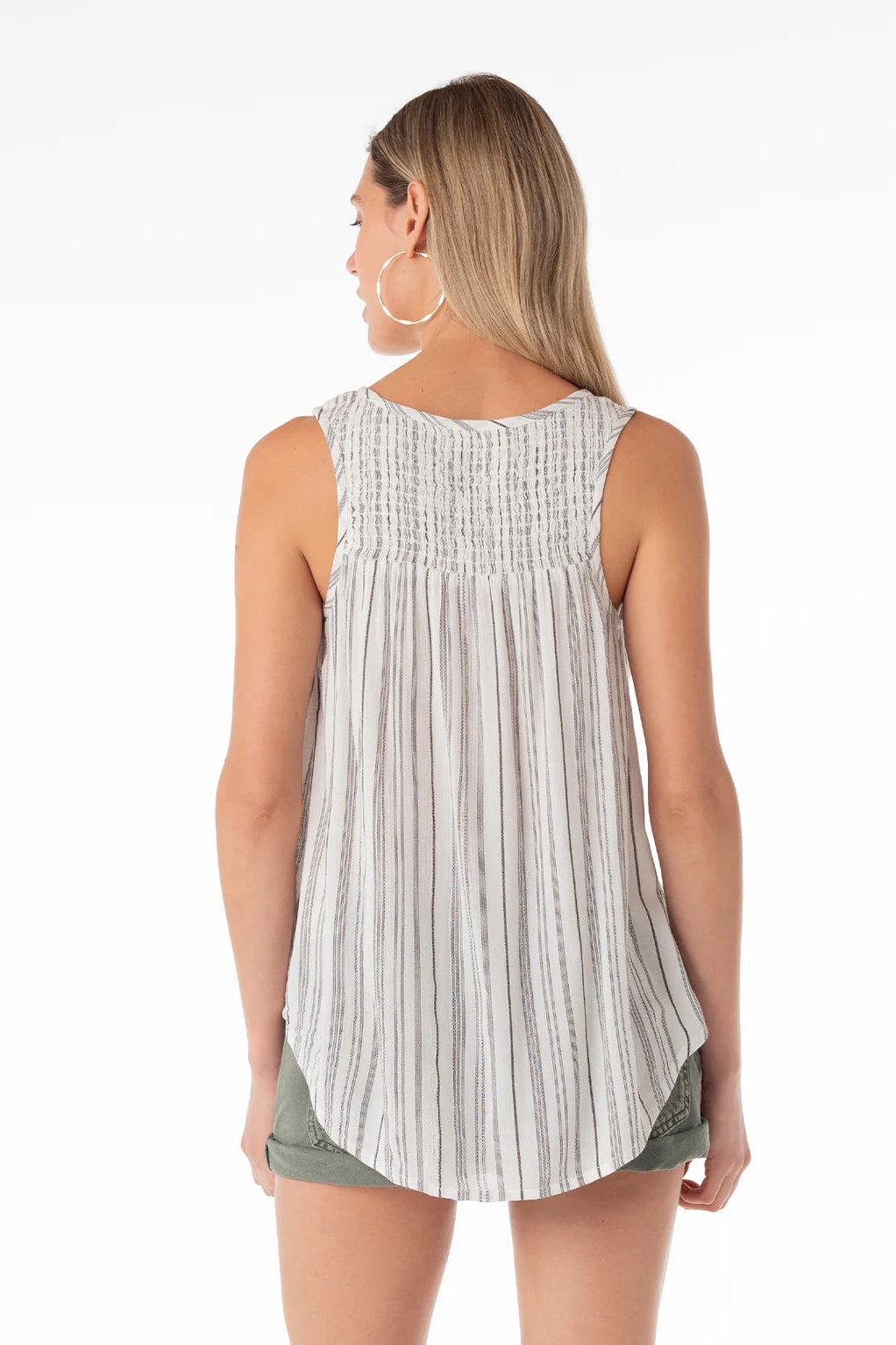 Smocked back tank with vertical off-white/black stripes, scoop back yoke