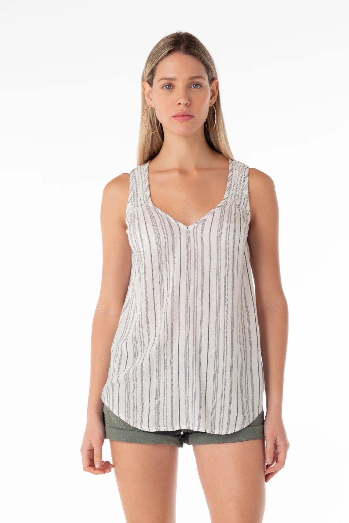 LOVESTITCH smocked V-neck tank with vertical off-white/black stripes