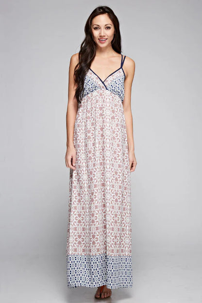 COLOR BLOCK FLORAL maxi dress with orchid and blue panels, thin navy spaghetti straps