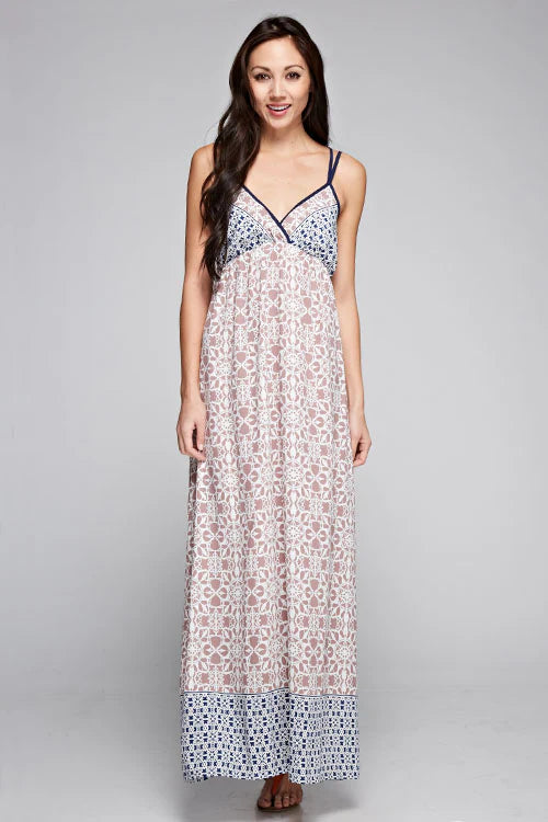 Floral color-block maxi dress with thin blue spaghetti straps, pale pink and blue patterned hem