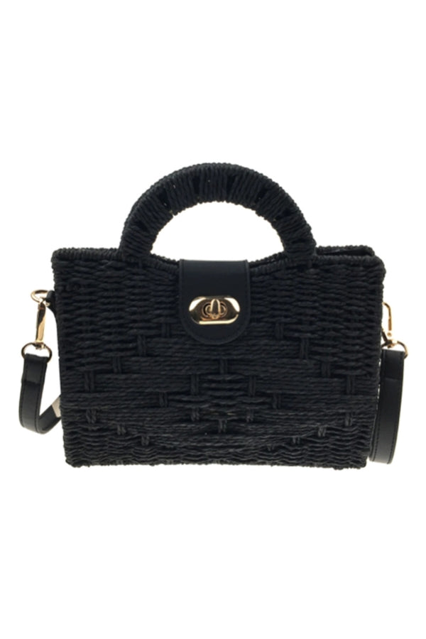 Black woven straw tote bag with top handle and crossbody strap