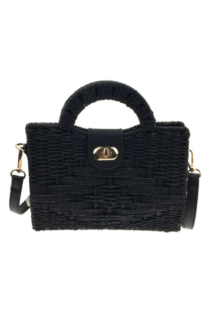 Black woven straw tote bag with top handle and crossbody strap