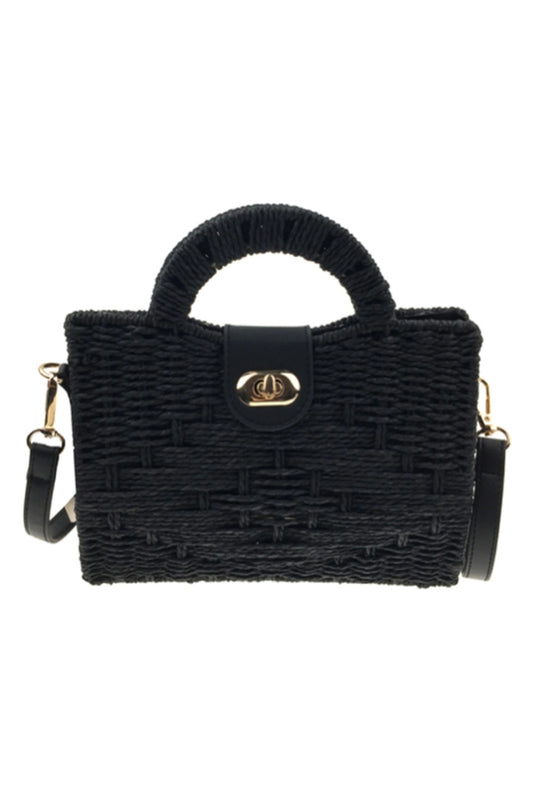 Black woven straw tote bag with top handle and crossbody strap