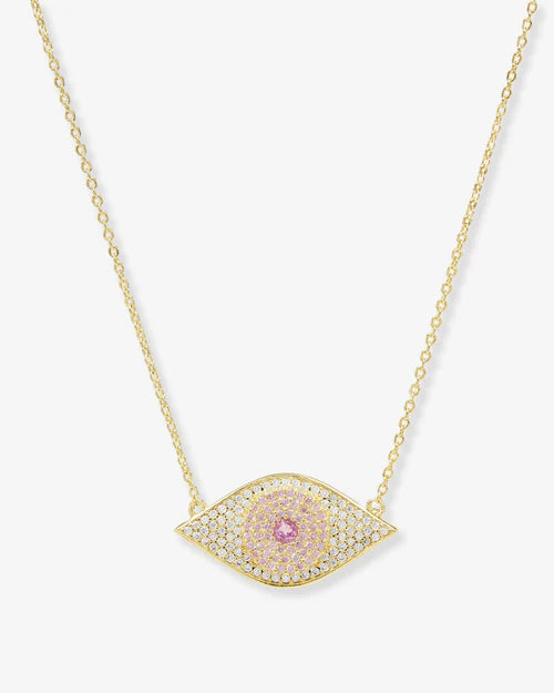 Evil eye necklace in gold with pink gem