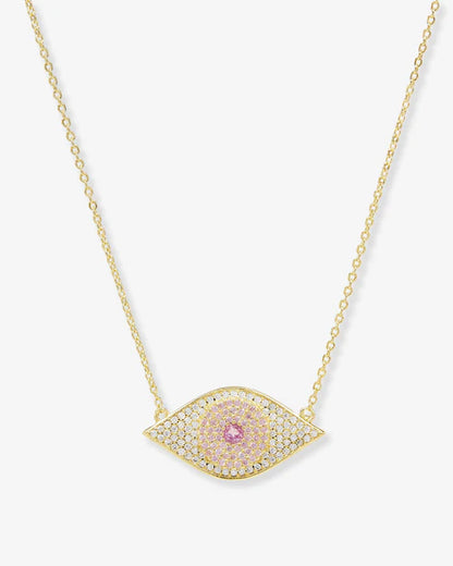 Evil eye necklace in gold with pink gem