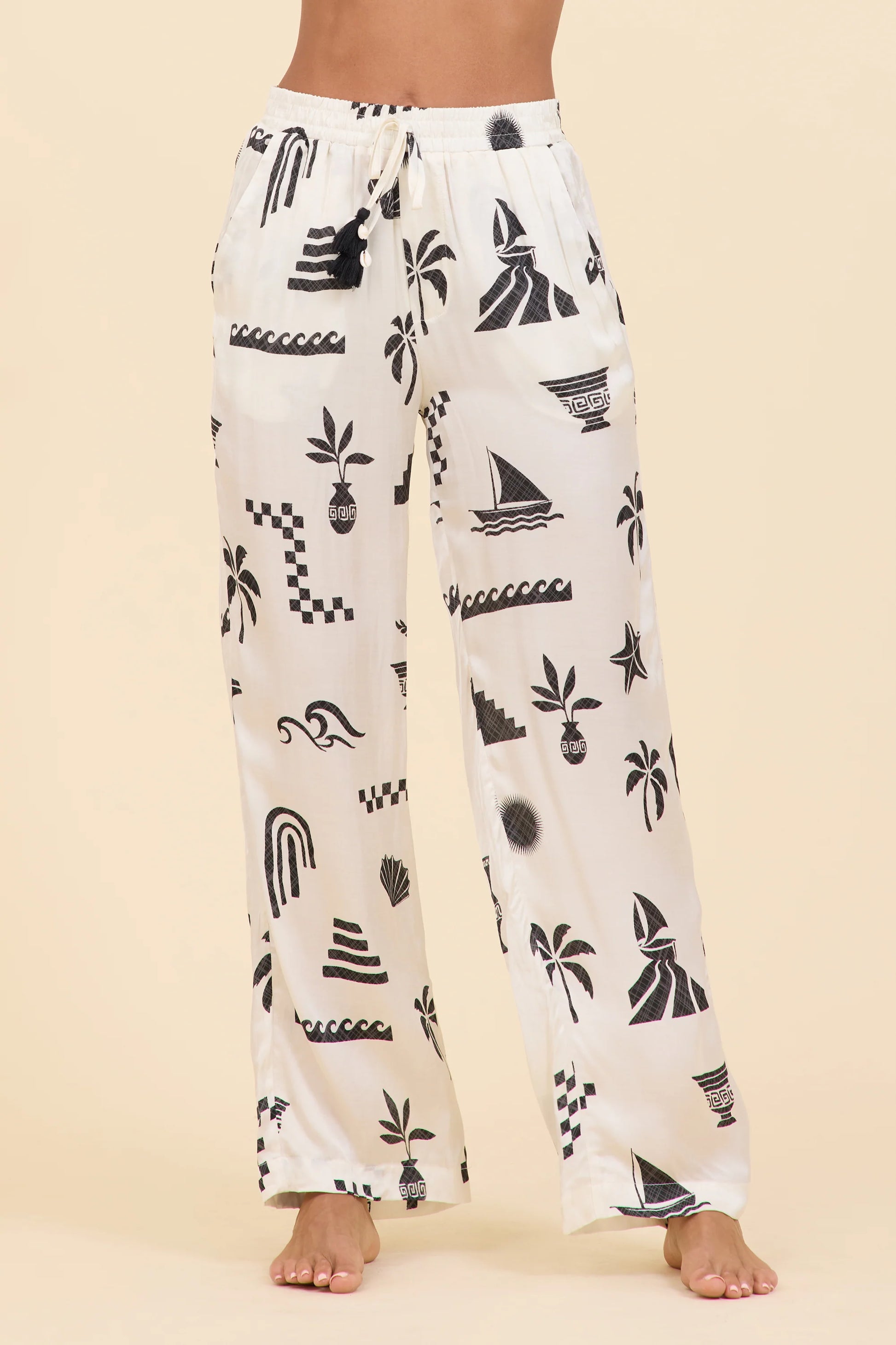 Printed satin wide leg pant in beach vibe front view