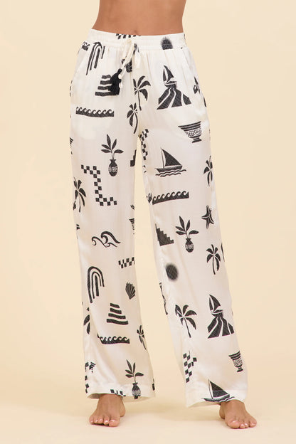 Printed satin wide leg pant in beach vibe front view