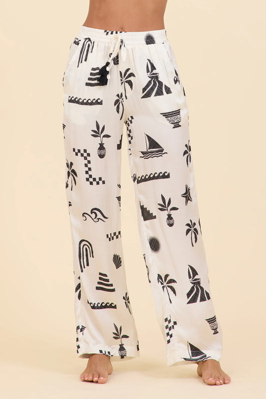 Printed satin wide leg pant in beach vibe front view