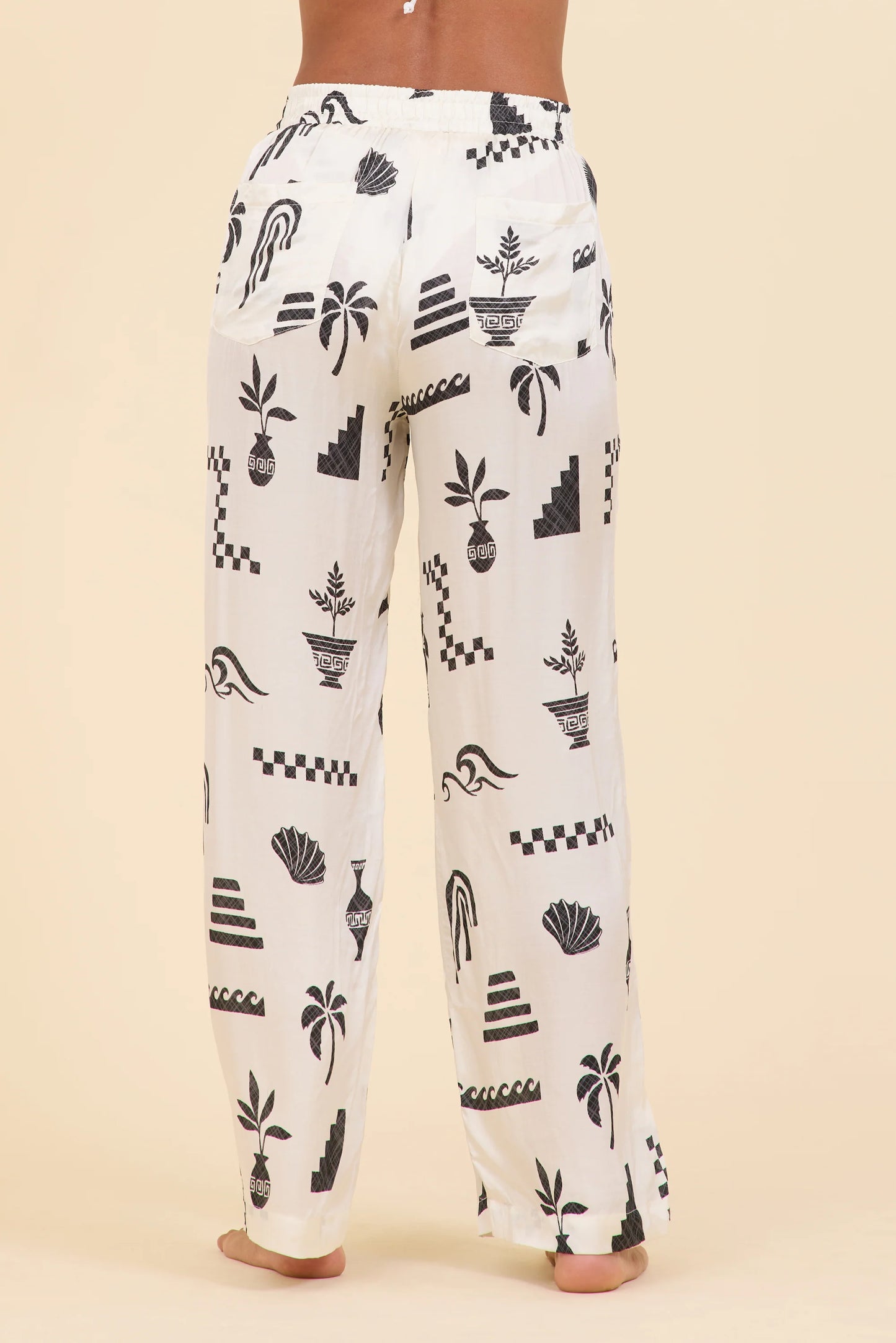 Printed satin wide leg pant in beach vibe back view