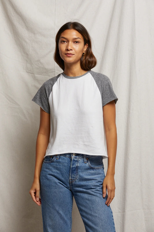 Britt jersey tee in white and heather grey front view