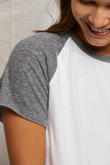 Britt jersey tee in white and heather grey close up front view