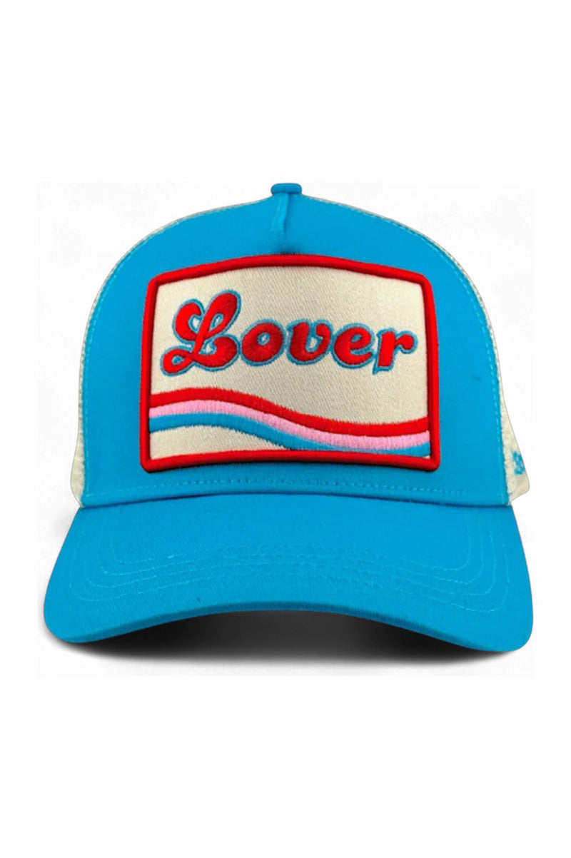 Lover trucker hat in turquoise front view