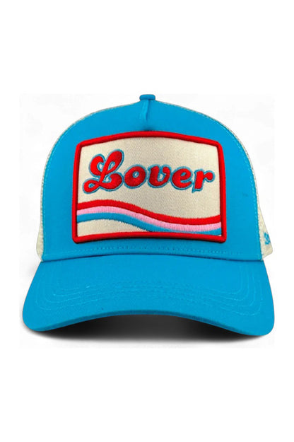 Lover trucker hat in turquoise front view