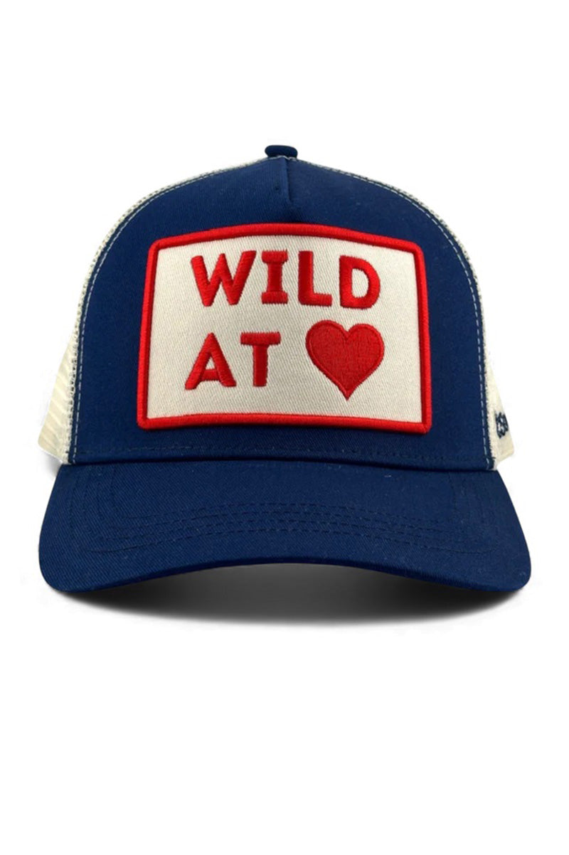 Wild at heart trucker hat in navy front view