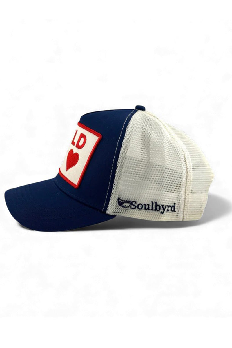 Wild at heart trucker hat in navy side view