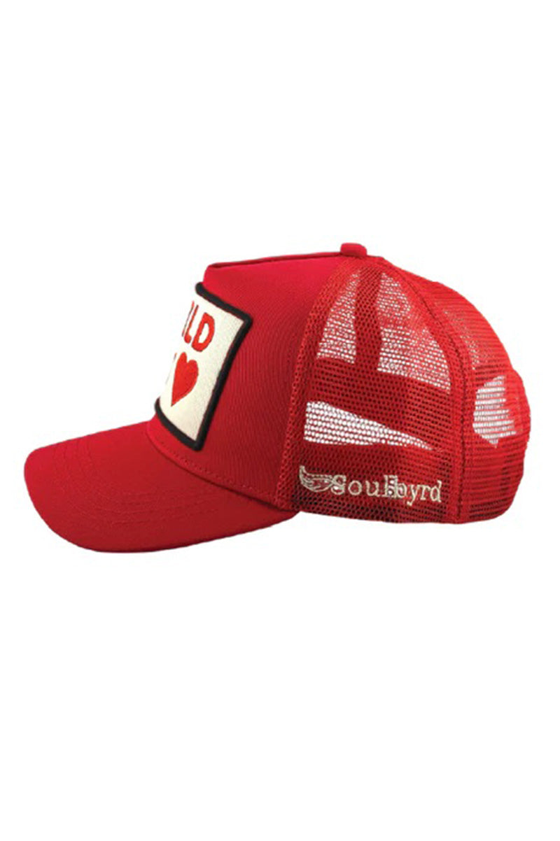 Wild at heart trucker hat in red side view