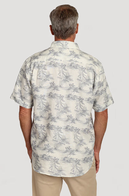 Softest cloud short sleeve linen shirt in grey with palm trees back view