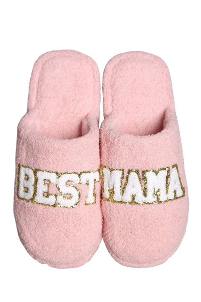 Pink sequin "BEST MAMA" slip-on slippers, front pair view