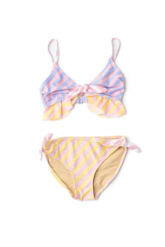 RUFFLE TWO PIECE SWIMSUIT IN PASTEL STRIPES FRONT VIEW