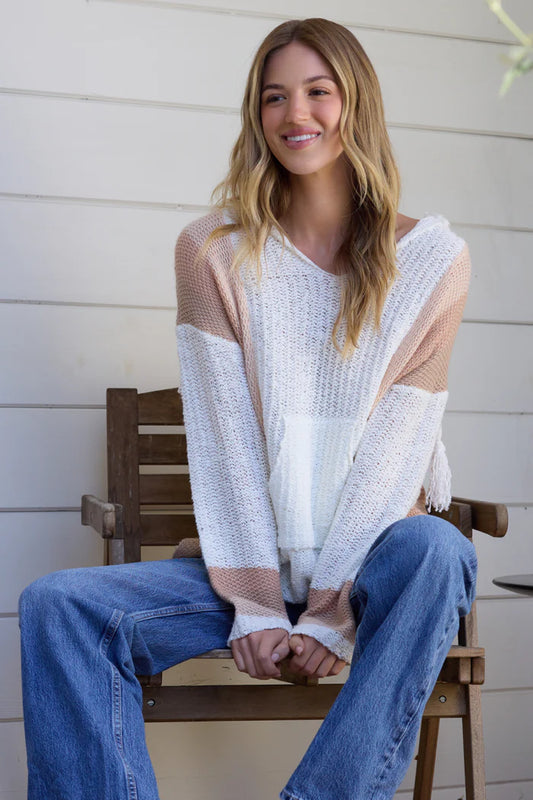 Striped baja hoodie in ivory neutral style view