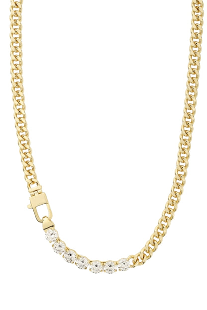 Gold chain necklace with pavé stone row and rectangular link details