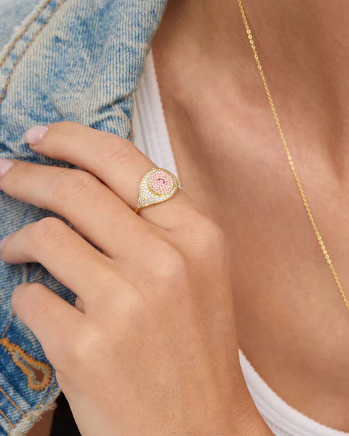 Rose evil eye ring gold with pink gem style view