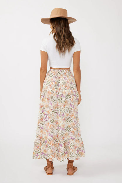 CONVERTIBLE SMOCKED SKIRT IN CREAM/DUSTY LILAC AS A SKIRT BACK VIEW