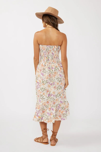 CONVERTIBLE SMOCKED SKIRT IN CREAM/DUSTY LILAC AS A DRESS BACK VIEW