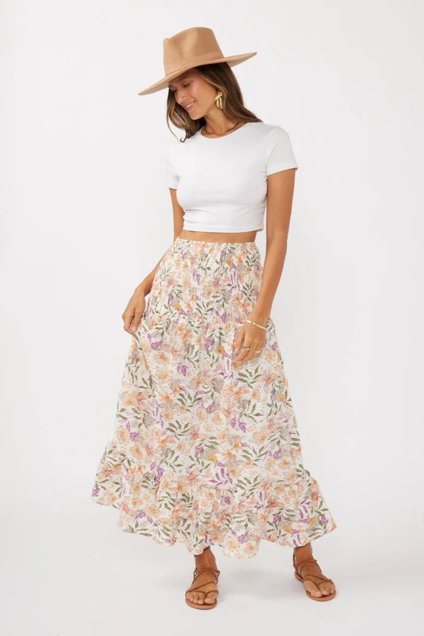 CONVERTIBLE SMOCKED SKIRT IN CREAM/DUSTY LILAC AS A SKIRT FRONT VIEW