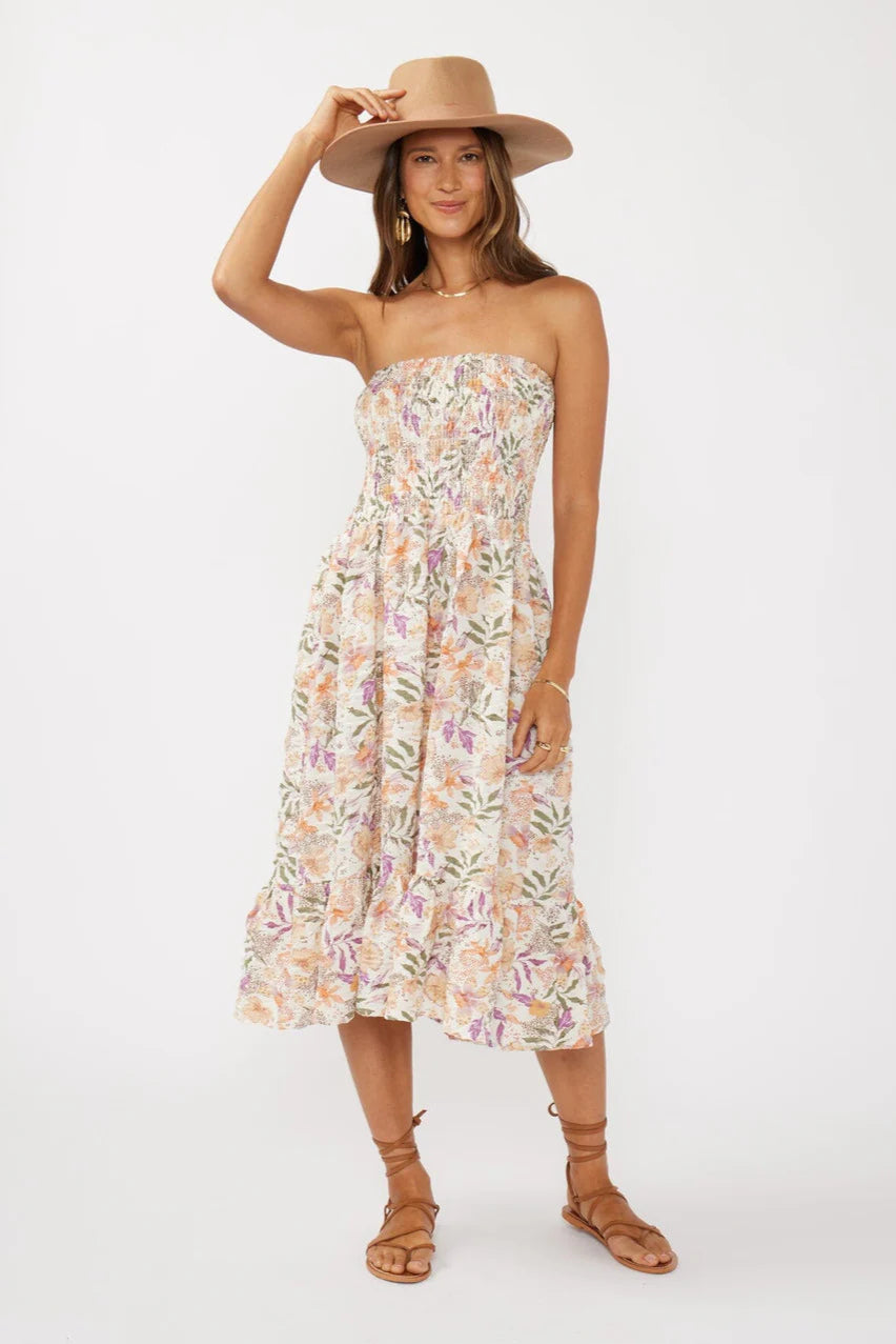 CONVERTIBLE SMOCKED SKIRT IN CREAM/DUSTY LILAC AS A DRESS FRONT VIEW