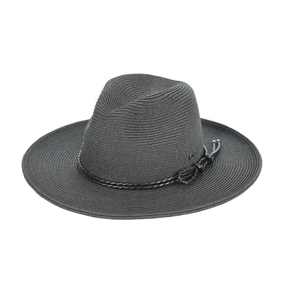 Paper panama hat with leather rope in black
