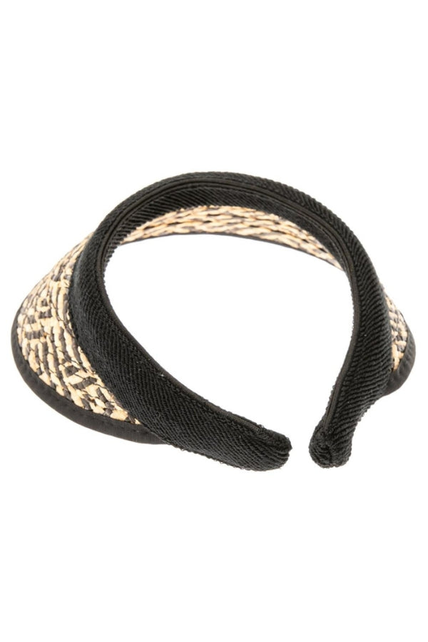 RAFFIA STRAW VISOR CLIP ON BAND IN NATURAL/BLACK BACK VIEW
