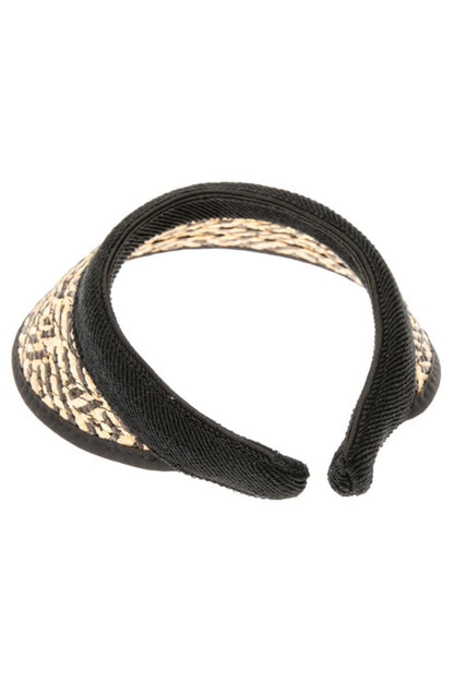 RAFFIA STRAW VISOR CLIP ON BAND IN NATURAL/BLACK BACK VIEW