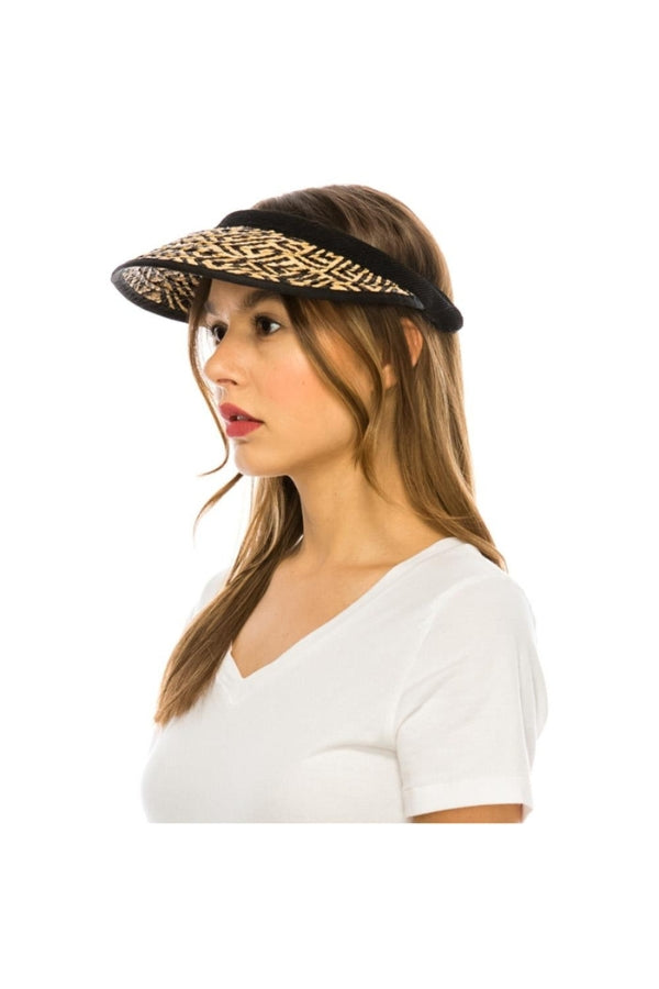 RAFFIA STRAW VISOR CLIP ON BAND IN NATURAL/BLACK WORN VIEW