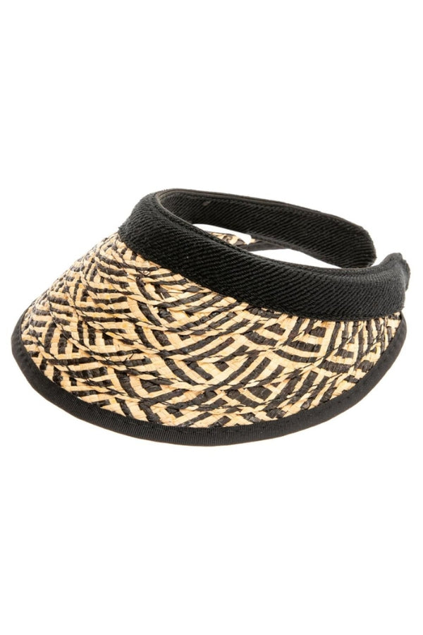RAFFIA STRAW VISOR CLIP ON BAND IN NATURAL/BLACK FRONT VIEW