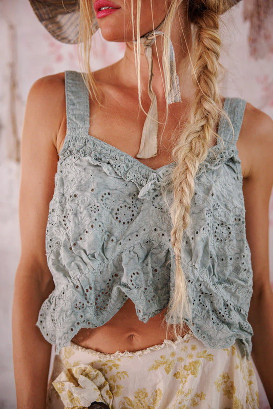 OLIVE EYELET RUFFLE CAMI IN DOVE ASH FRONT VIEW