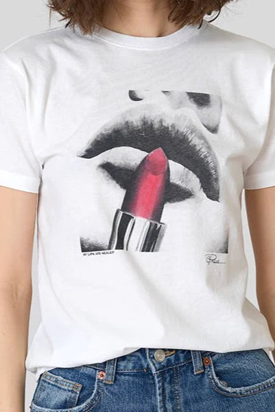 MY LIPS ARE SEALED MUSHIE TEE IN WORN WHITE FRONT VIEW CLOSEUP