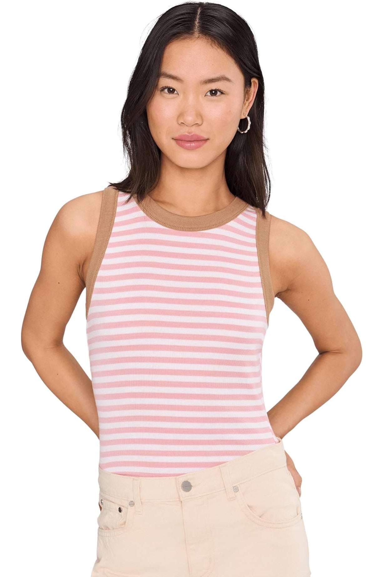 Blush-and-pink striped crop tank with taupe trim