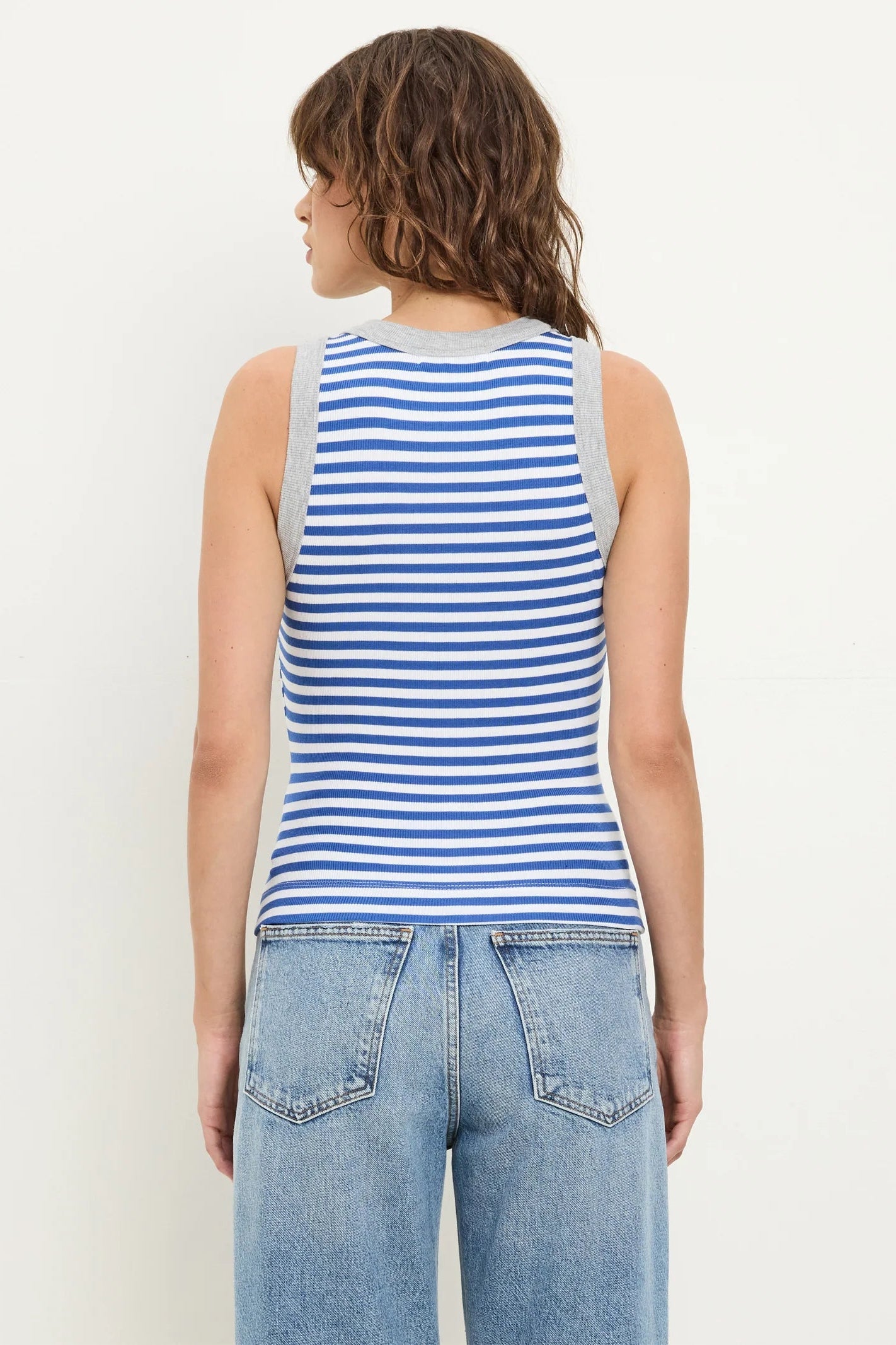 Blue-and-white striped crop tank, racerback view