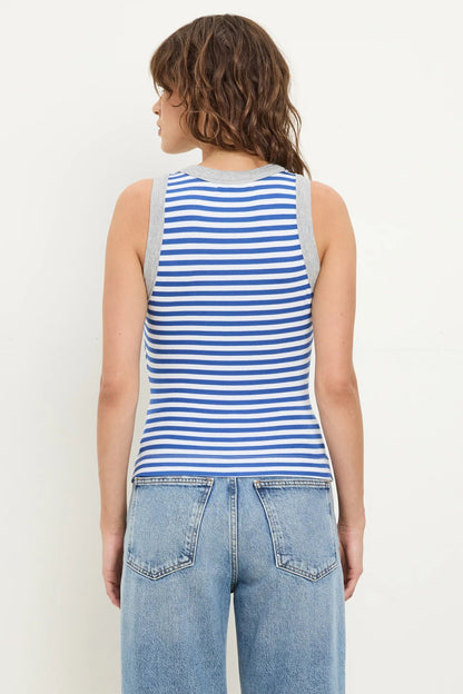 Blue-and-white striped crop tank, racerback view