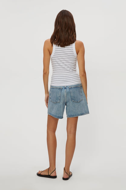 Gina wide binding crop stripe tank in white heather grey back view