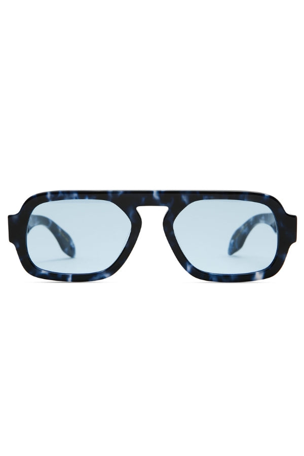 Mini sunglasses with dark blue tortoise frame and light tinted lenses