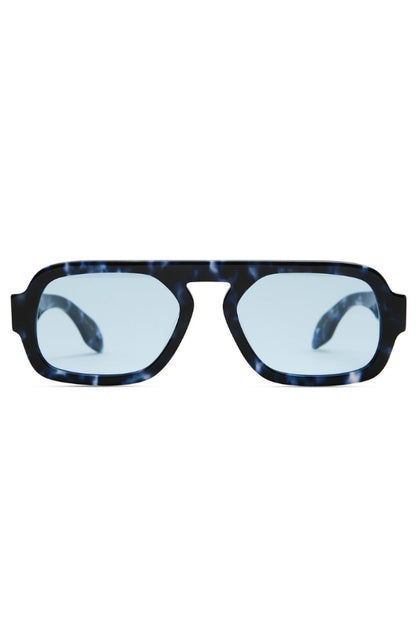 Mini sunglasses with dark blue tortoise frame and light tinted lenses