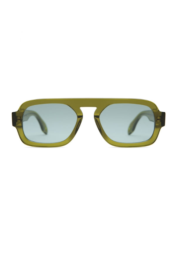 Mini sunglasses with olive green frame and light tinted lenses