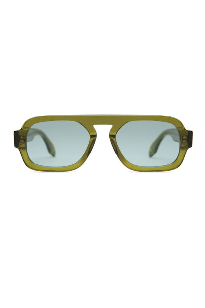 Mini sunglasses with olive green frame and light tinted lenses
