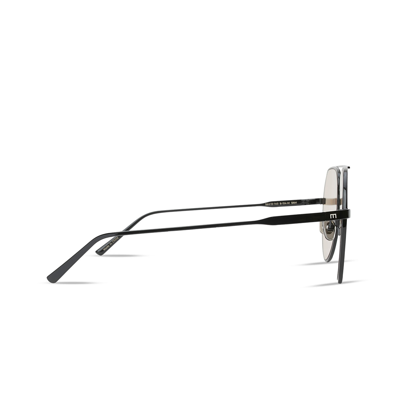 SAM sunglasses side view: black metal frame with light-tinted lenses and branded temple